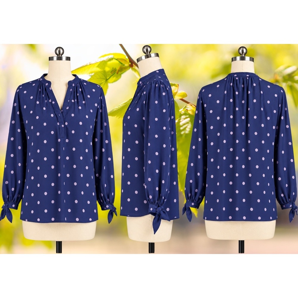 Old Navy XXL Womens Navy Blue Lilac Polka Dot Split Neck Tie Cuff Blouse Top - Picture 1 of 4